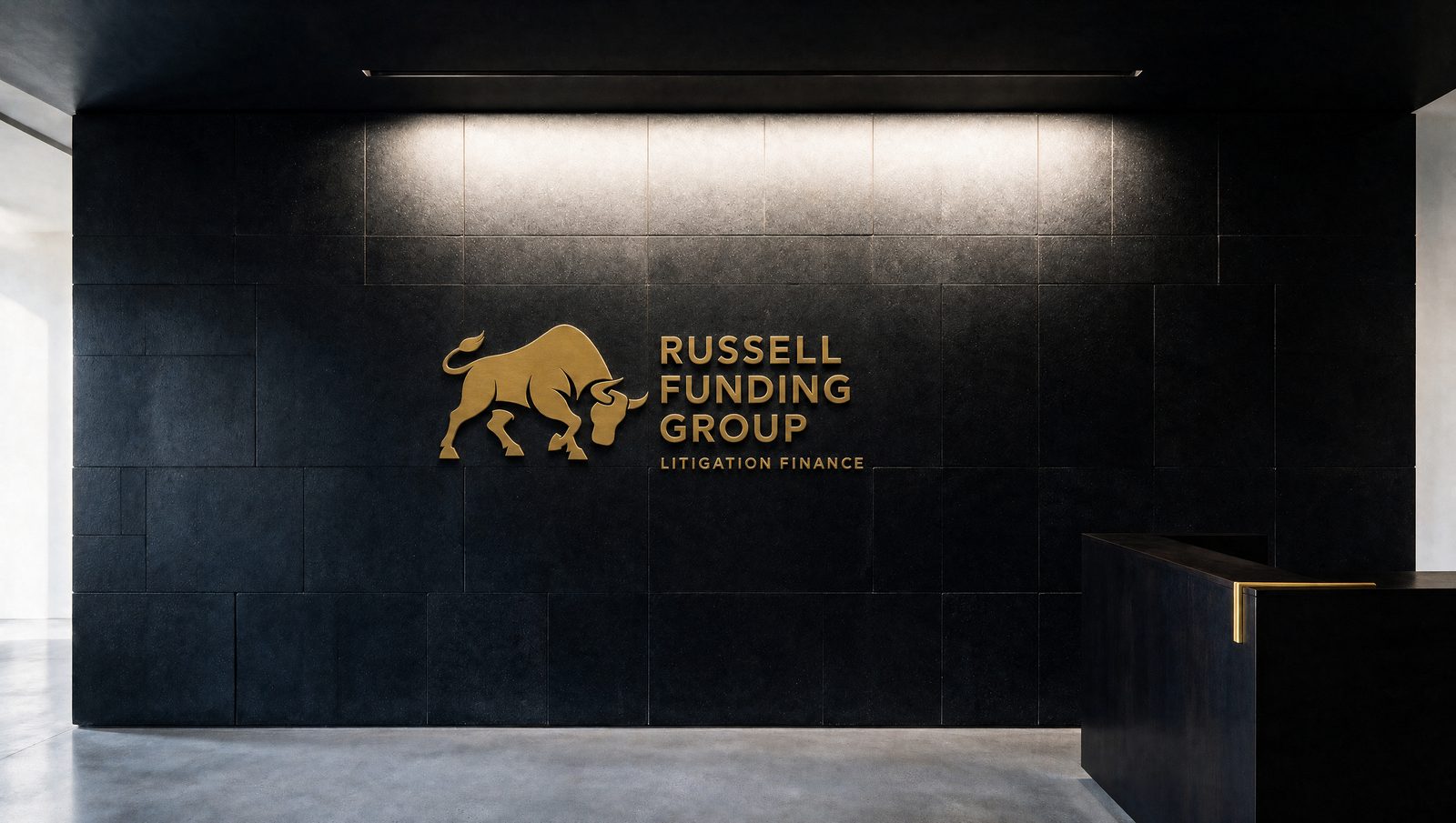 Russell Funding Group signage, brass lettering on stone.